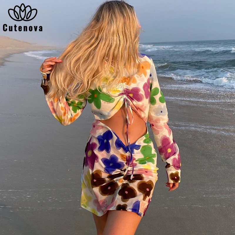 

Cutenove Leisure Vacation Bodycon Dresses For Women's 2021Summer Clothing Print O-neck Long Sleeve Hole Mixi Dress Female Outfit