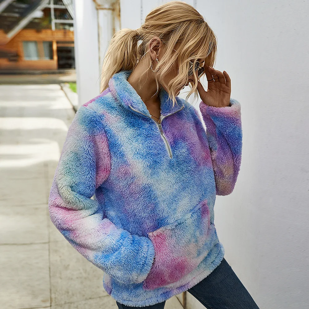 

Foridol tie-dye sweatshirt coat women fluffy vintage winter coat jacket casual teddy bear faux fur coat windbreaker streetstyle