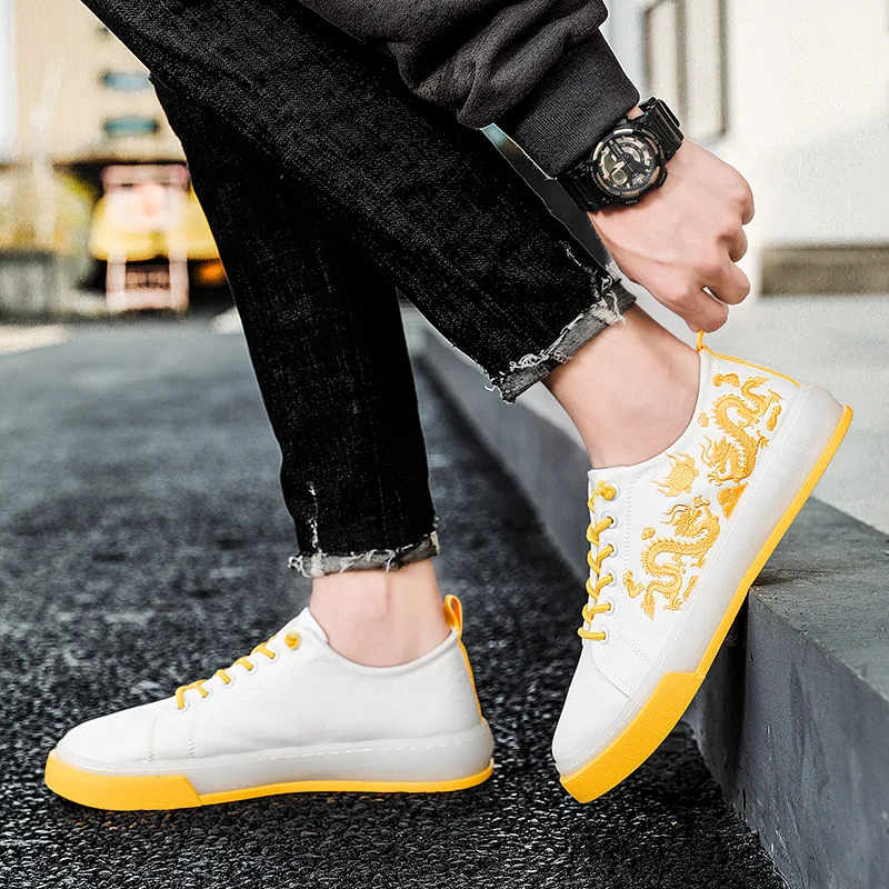 

Casual Shoes Men Sneakers Dragon Embroidered Mens Designer Shoes Chinese Style Yellow Sneakers Men Espadrilles Zapatillas Hombre