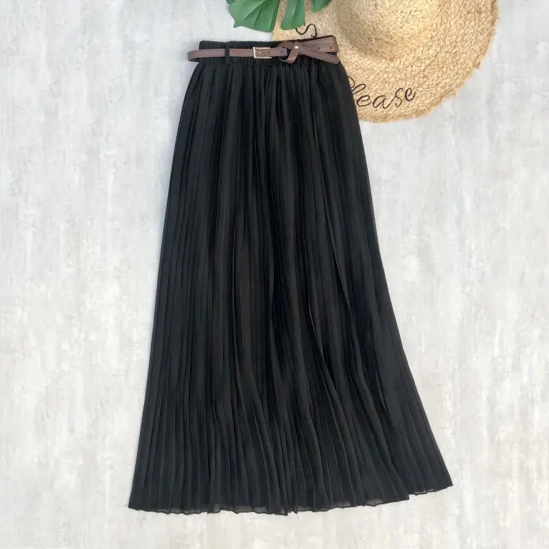 

Spring/Summer Chiffon Pleated Skirt Lengthen Skirt Free Belt Metal Buckle A-line Skirt