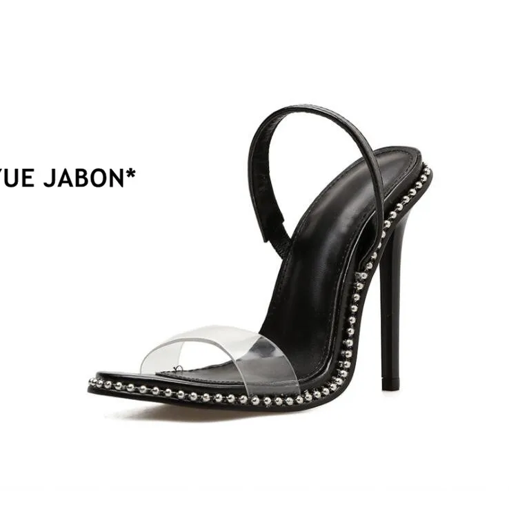 

2021 Black PVC Women Pumps Sexy Clear Transparent Slip On High Heels Party Sandalias Open Toe Rivet Women Shoes Sandalias