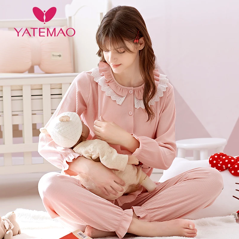 YATEMAO/хлопковая одежда для кормления с длинными рукавами; зимняя Пижама для кормления; Пижама для беременных; Пижама для грудного вскармливания; ночная рубашка для беременных