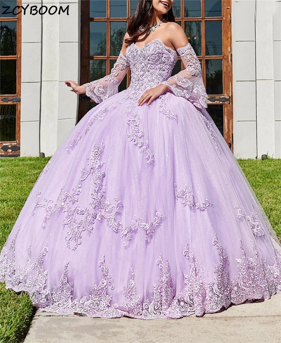 

Lavender Off The Shoulder Quinceanera Dresses 2023 Ball Gown Tulle Vestidos De Fiesta Fluffy Dresses Sweet Elegant Prom Dress