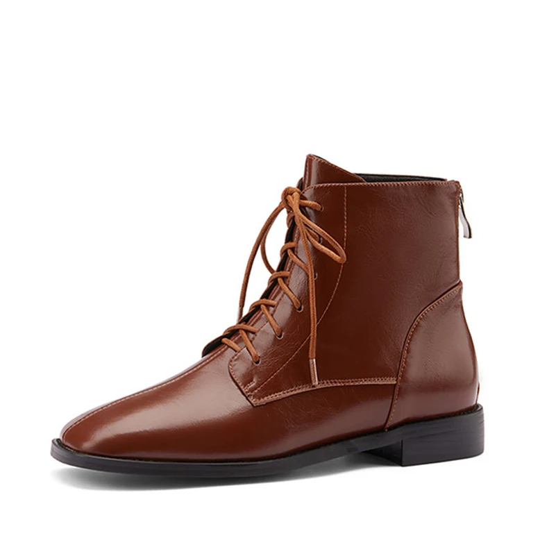

FOREADA Platform Flat Ankle Boots Real Leather Woman Boots Square Toe Lace Up Short Boots Zip Lady Shoes Autumn Winter Black 43