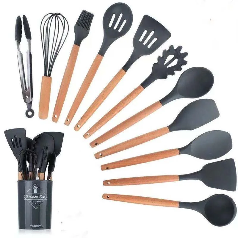 

Solid wood handle silicone kitchenware set Kitchenware Practical Kitchen Cooking Utensils Spatula soup spoon oil brush and whisk