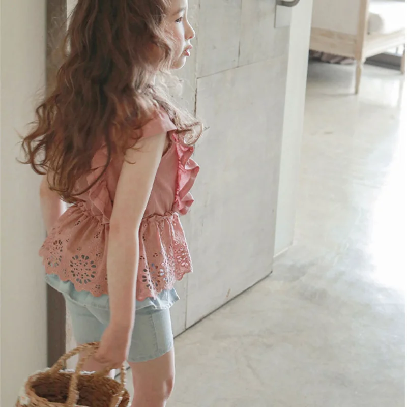 

Girls Shirt 2021 Summer New Children's Clothing Children Girls Fly Edge Hollow Lace T-shirt Kids Clothes Tops