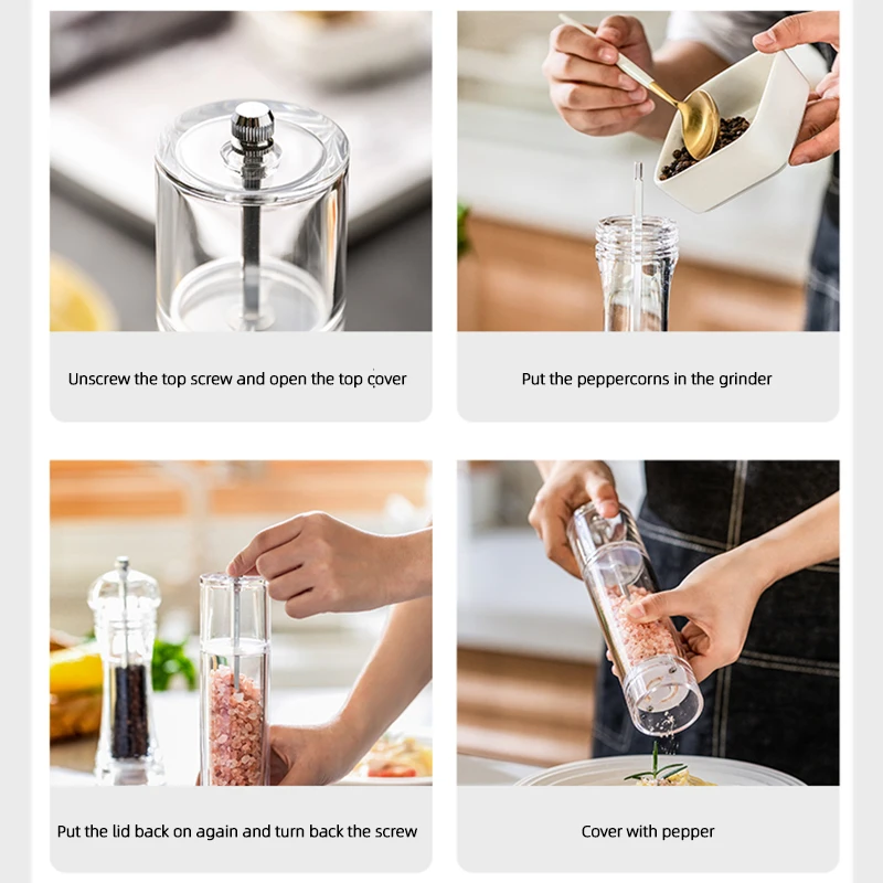 Acrylic Combo Pepper Mill and Salt Shaker with Adjustable Grinder Set Handheld Coarseness Seasoning Mechanism BBQ Tools | Дом и сад