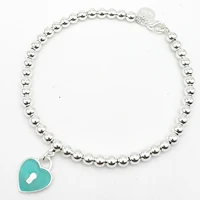 new womens s925 sterling silver blue enamel heart shaped lock 4mm round beaded bracelet jewelry couple gifts