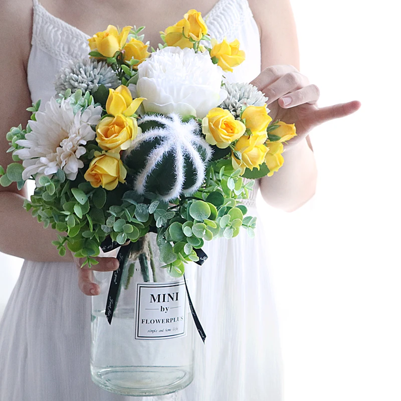 Современная стеклянная ваза + искусственный цветочный набор статуэток предметы