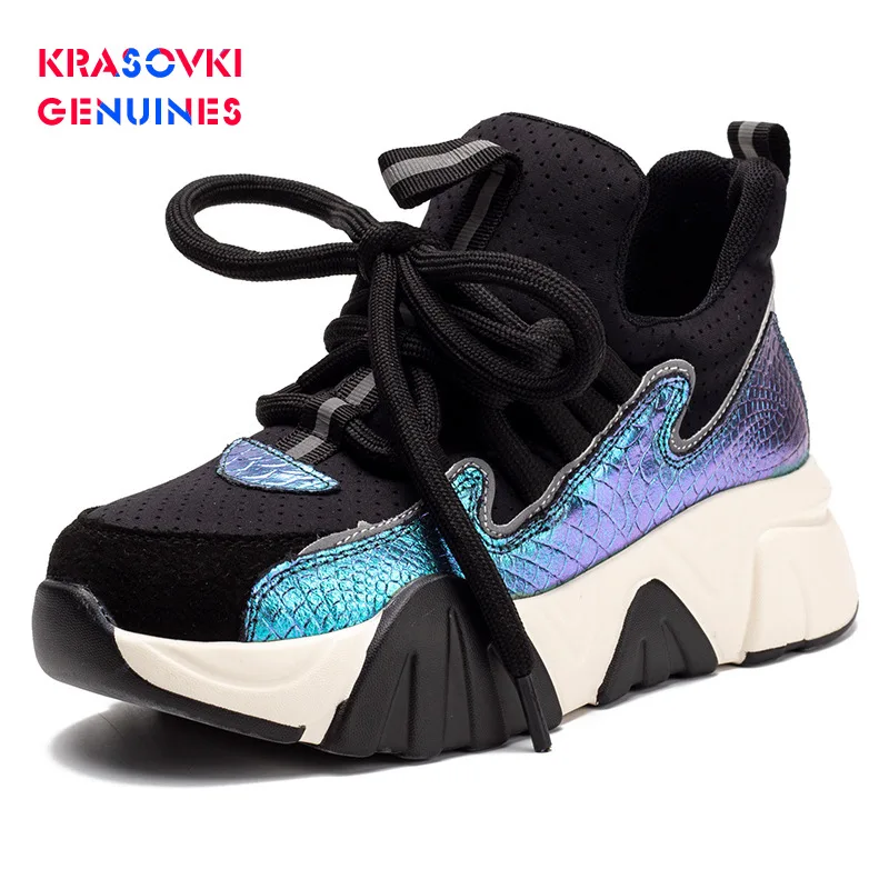 Krasovki Genuines/женские кроссовки; сезон осень; модная женская обувь с круглым носком на толстой подошве; смешанные цвета; женская обувь для отдыха с перекрестной шнуровкой