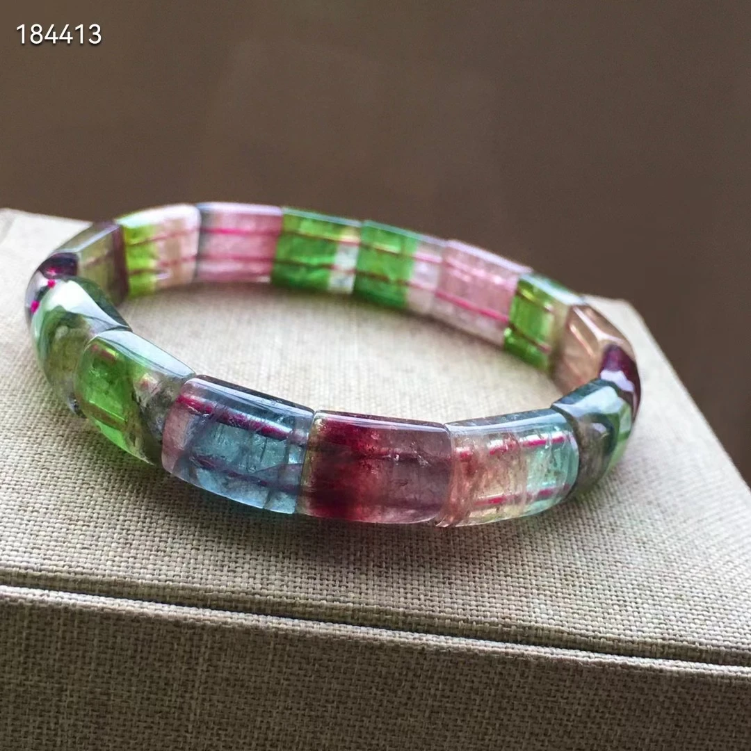 

Natural Colorful Tourmaline Watermelon Bracelet Clear Rectangle Beads 10.5/13mm Women Men Crystal Stretch Bangle Rare AAAAA