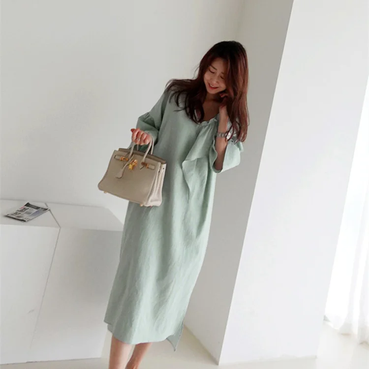 

Korean Women's Clothing Summer V-neck New Solid Color Loose-Fitting Large Size Casual Home over the Knee Long Pullover Dress Rac