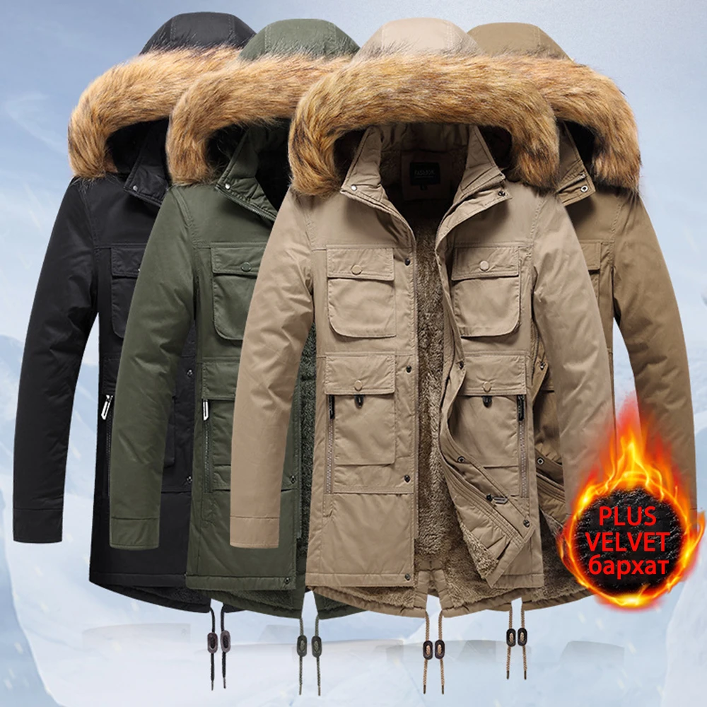 Мужские зимние куртки большого размера флисовые толстые теплые парки с