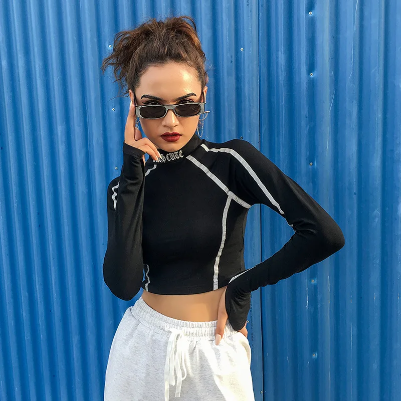 

Women T-Shirt Long Sleeve Sexy Contrasting Color Webbing Reflective Strip Stitching Exposed Navel Female Tight Fashion Tops 2021