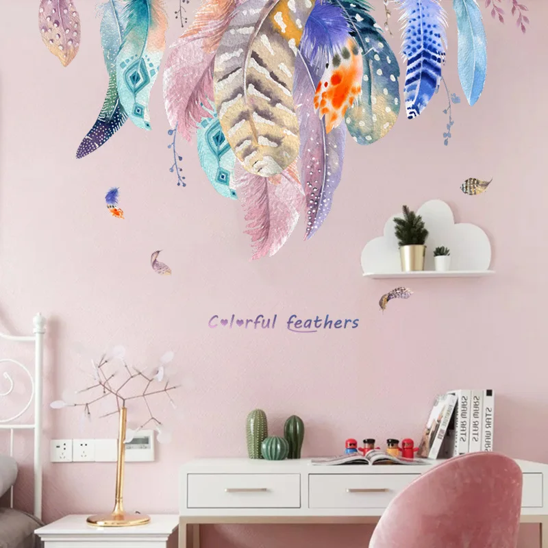 

Unique Color Feather Self Adhesive Wall Stickers Bedroom Living Room Wall Stickers Warm Beautification Removable Pvc Decorative
