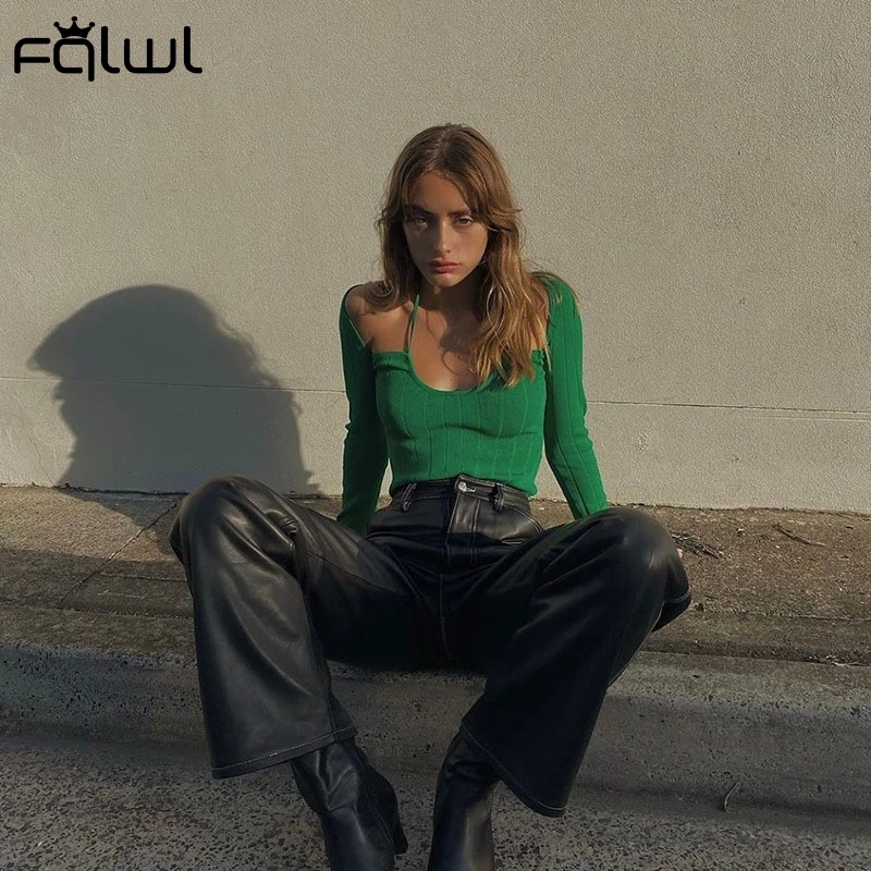 

FQLWL Summer Sexy Green Tops Women 2021 Solid Halter Long Sleeve Bodycon Top Female Spaghetti Strap Clubwear Fashion T Shirts
