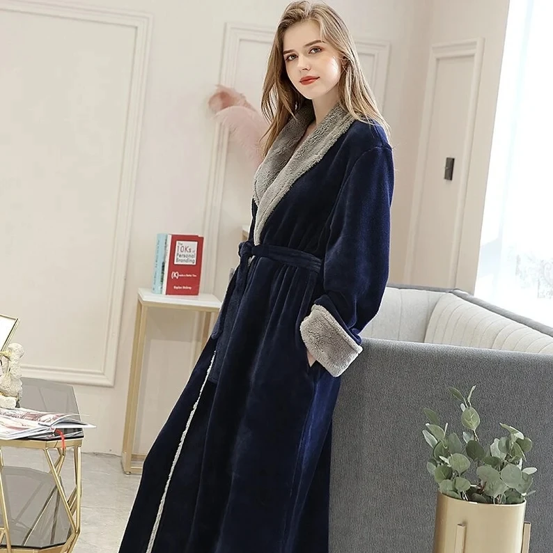 Super Soft Cosy Women's Sherpa Bath Robe - Soft Extra Long Fleece Dressing Gown- Fluffy Faux Fur Trim Long Robe- Gifts for Her
