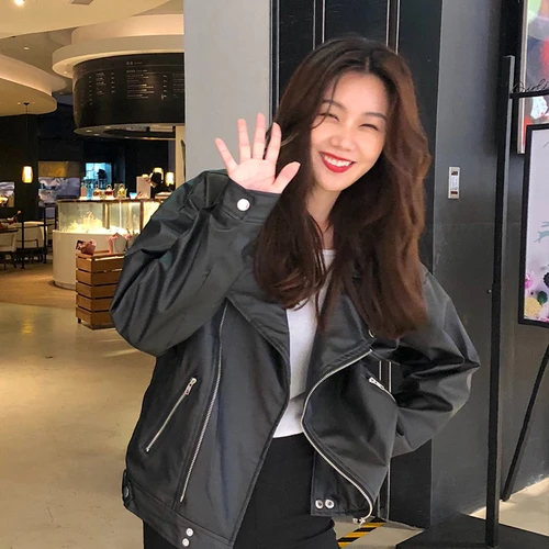 Korean Women PU Leather Jacket Oversized Chic Leather Biker Jacket Women Chaqueta Cuero Mujer Veste Cuir Femme - Цвет: Черный