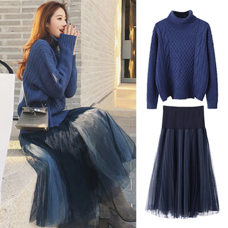 Женский комплект осень зима размера плюс 5XL юбка костюм водолазка вязаный свитер