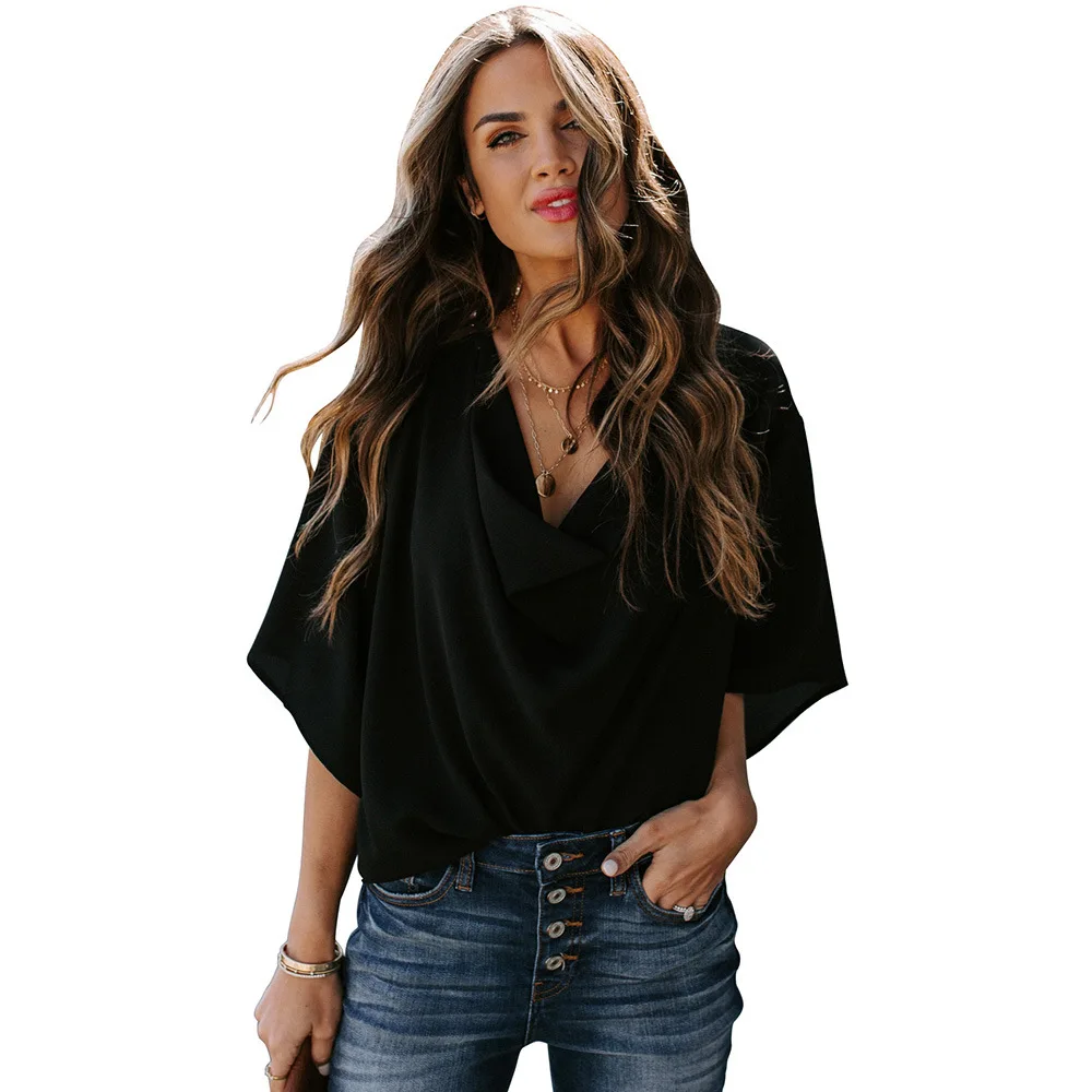 LOUIS JASON 2020 Summer Women's Shirts Tops Casual Tie Sleeve Wrap Loose V Neck Women chiffon shirt Blouses | Женская одежда