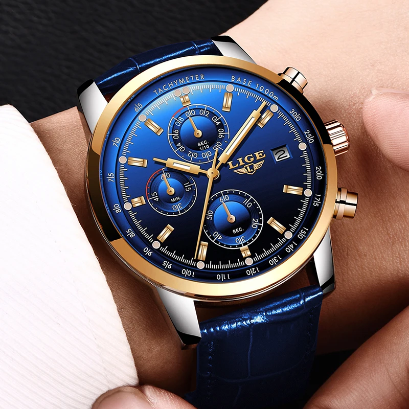 Relojes Hombre новинка 2019 LIGE повседневные кожа модные кварцевые золотые часы мужские