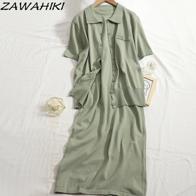 

ZAWAHIKI 2021 Autumn Turn Down Collar Short Sleeve Cardigan Tops Sleeveless Straight Dress Two-piece Clothes Solid Knitted Set