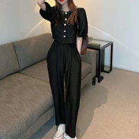 women solid 2pcs tracksuits suits summer 2021 new vintage short top high waist draped carrot pants two piece trend clothing