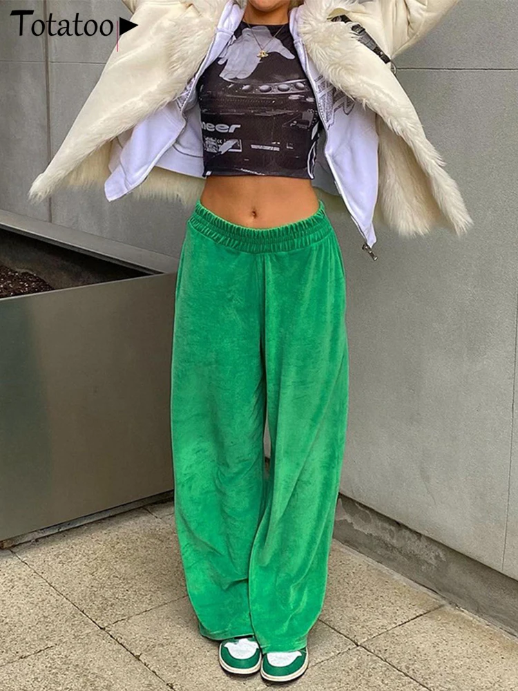 

Totatoop Velvet Wide Leg Pants For Women Loose Comfy Flare Pants With Pockets High Waist Sporty Green Stretchy Trousers 2021 New