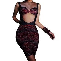 bright diamonds women sleeveless mini dresses mesh perspective backless red black stitching dresses birthday party club wear