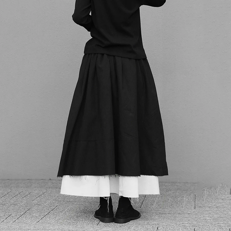 

Elastic Waist High Black Spliced Burrs Belf Long Half-body Skirt Women Fashion Tide New Spring Autumn 2021 1DD2391