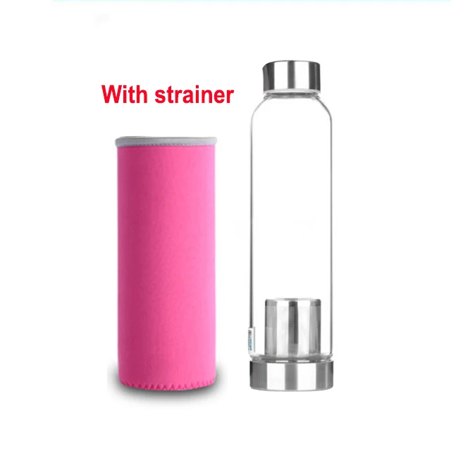Pink With strainer UPORS 280 мл/360 мл/550 мл стеклянная бутылка для воды портативная Спортивная бутылка с крышкой из нержавеющей стали и защитной сумкой дорожная бутылка для напитков - Цвет: Pink With strainer