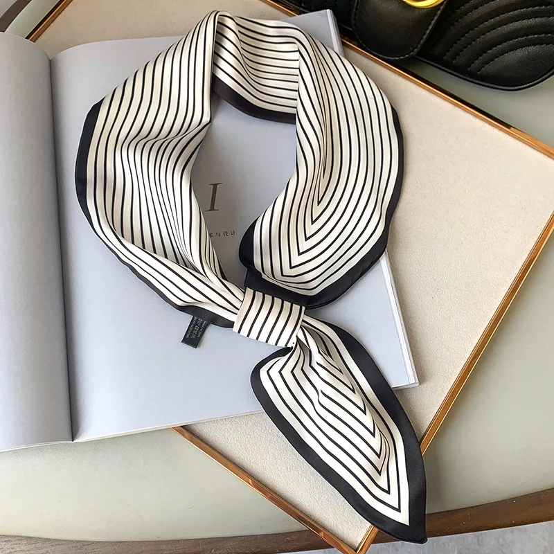 

2021 Luxury Brand Small Silk Scarf Women Shawls Wraps Striped Print Office Hair Neck Hijabs Foulard Hijab Scarves Ladies