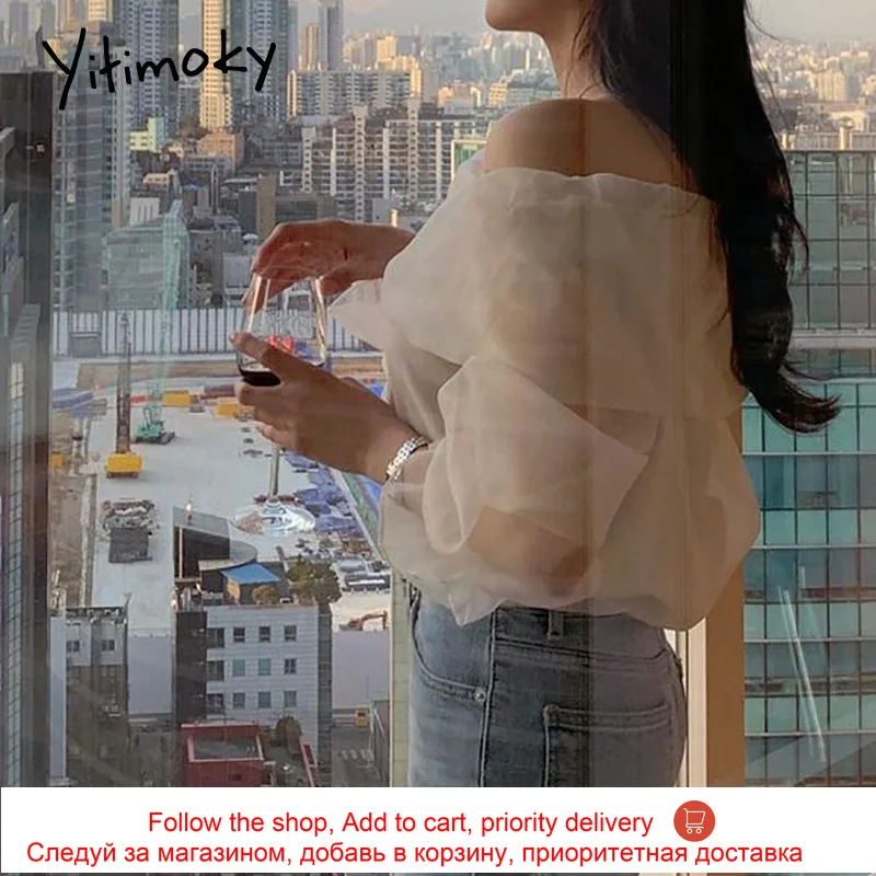 

Yitimoky Mash Women Shirts Blouses See-through Off Shoulder Top Half Flare Sleeve Slash Neck Summer Fashion New Casual Sweet