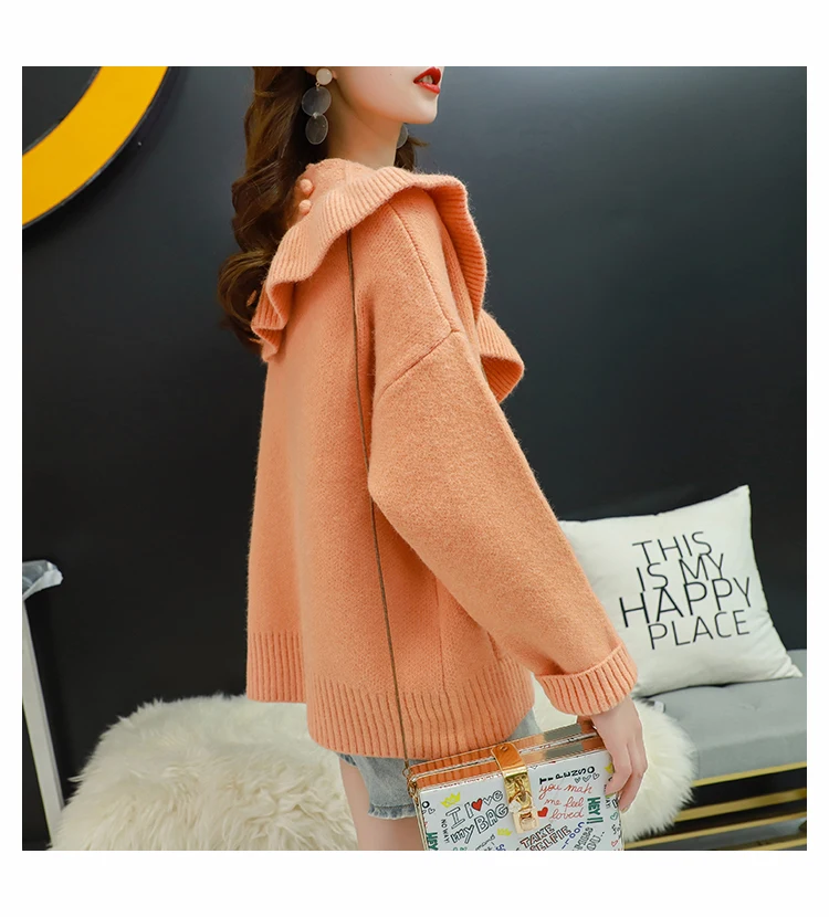 H.SA Women Winter Oversized Sweater Cardigans Big Collar Ruffles Loose Jumpers Green Beige Cardigans Feminino Button Up