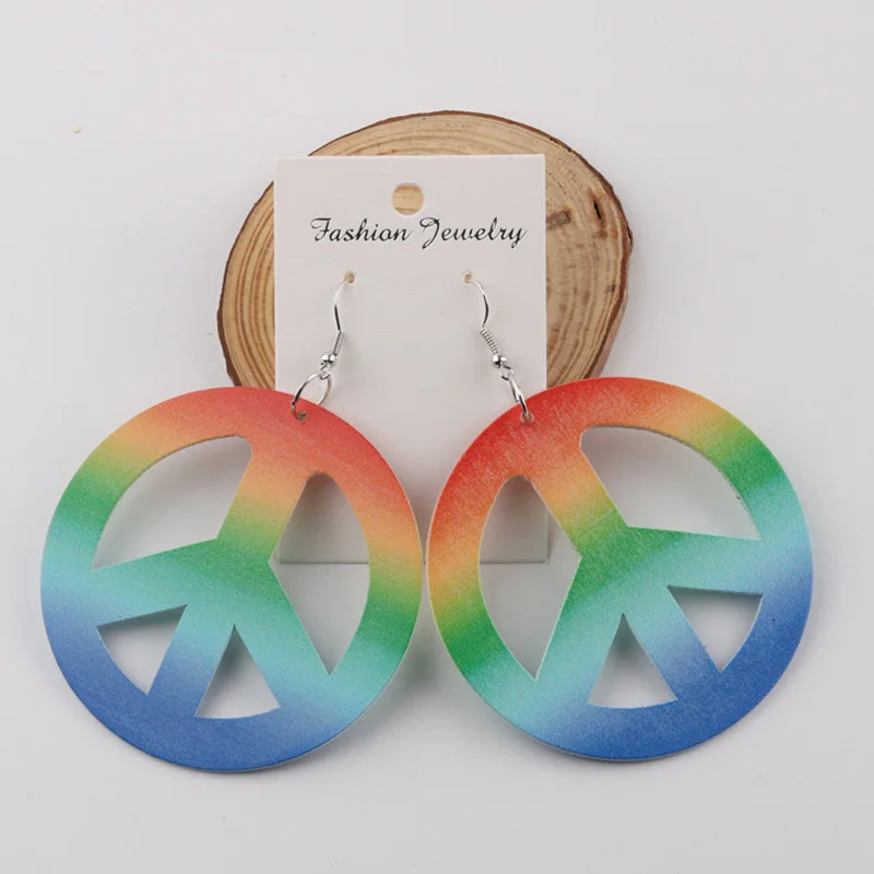Cpop Peace радужные деревянные серьги для женщин и девушек легкий круг семейный набор