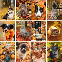 round diamond embroidery diy scenery autumn forest cats and dogs 5d diamond painting cross stitch animal mosaic decoration gift