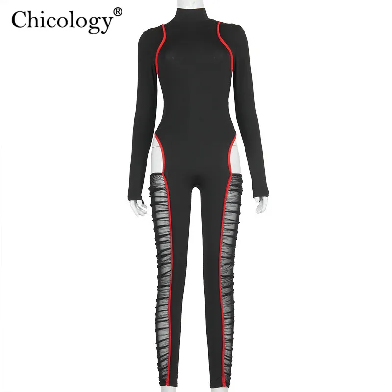 

Chicology Hollow Out Patchwork Mesh Jumpsuit Long Sleeve Bodycon Sexy Club Women 2020 Autumn Winter Clothees One Piece Lady Body