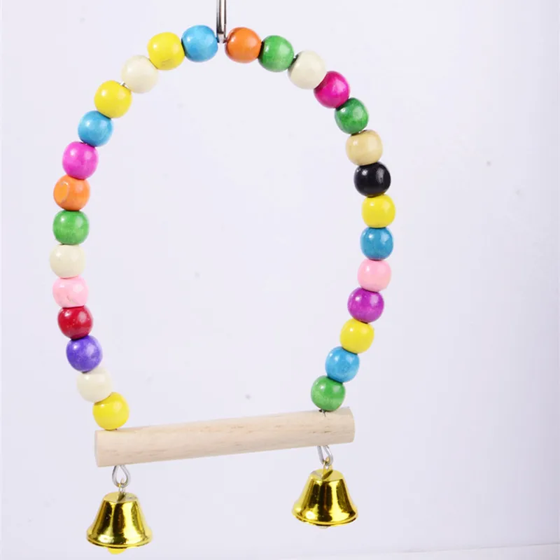 

1PC Natural Wooden Parrots Swing With Bells Bird Toy Supplies Birds Perch Hanging Swings Cage With Colorful Beads Toys For Pets