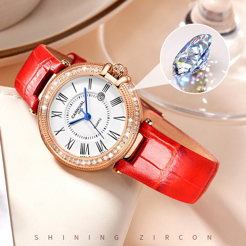 CARNIVAL Fashion Luxury Brand Women Quartz Watch Diamond Sapphire Waterproof Ladies Leather Strap Watches Relogio Feminino 8871 enlarge