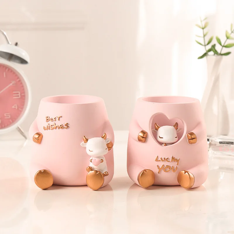 

Kawaii Resin Pen Holder Pink Ox Chinese New Year Decoration Year of Ox Office Desk Organizer Gift for Kids 2021