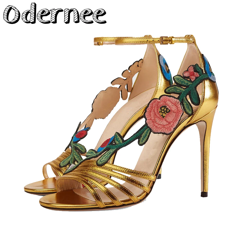

ODERNEE Luxury Brand Runway Show Women Summer Sandals Whole Genuine Leather Sexy Thin High Heels Women Shoes Woman Size EU 34-42