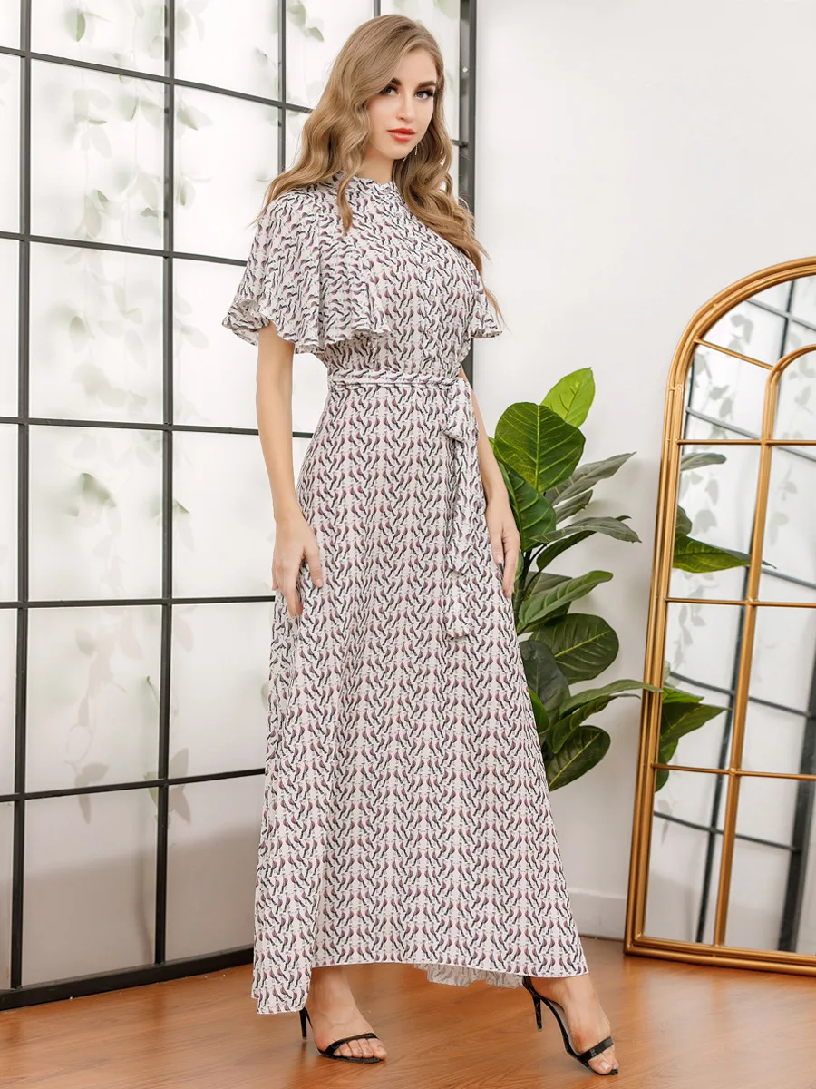 

New Summer Women Dress Muslim Elegant Print India Abayas Moroccan Kaftan Short Sleeve Turkey Islamic Clothing Vestidos jubah