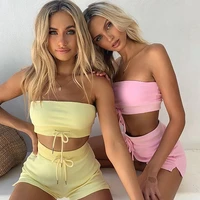 SIDDONS Sexy Short Two Piece Sets Crop Tube Tops And Shorts Women Casual Solid Color Crop TopHight Waist Shorts Outfit Female