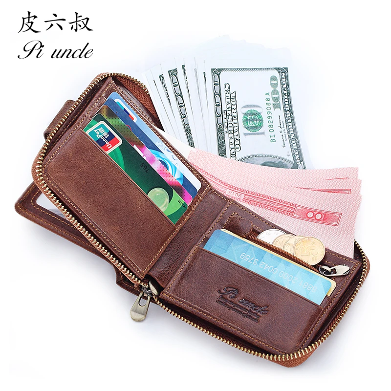 Тонкий кошелек из натуральной кожи для мужчин маленький бумажник на молнии с