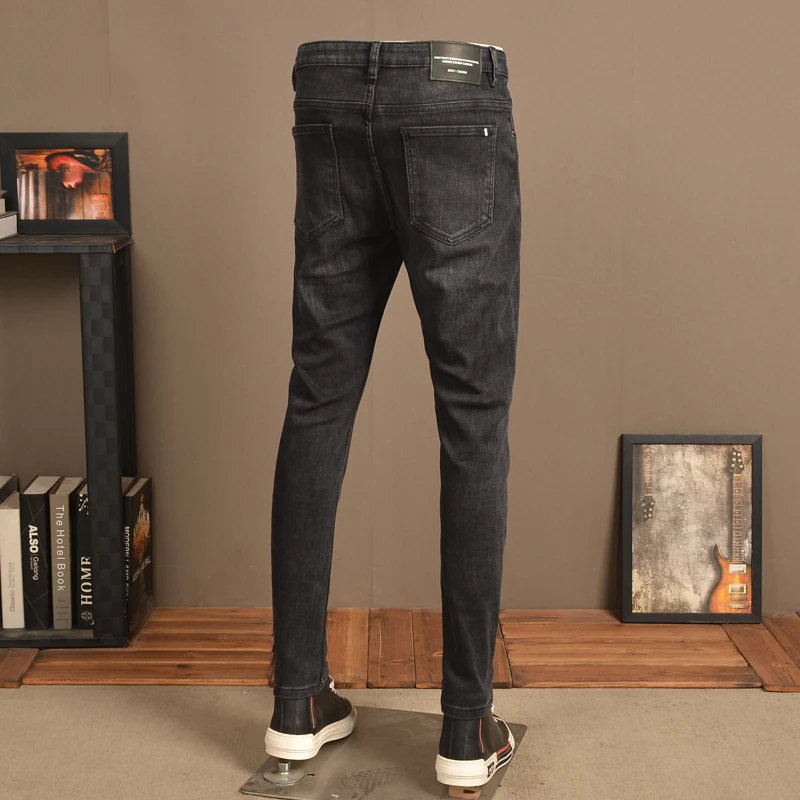 Autumn Men Black Jeans Fashion Korean Style Knee Ripped Holes Slim Fit Pencil Pants