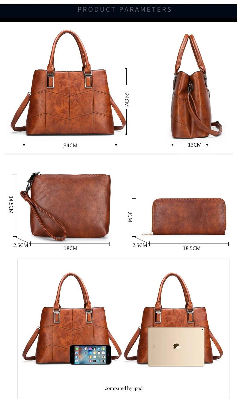 

new women fashion handbags crossbody shoulder bag female handbag messenger composite bags pu leather 3 pcs/set lady tote brown