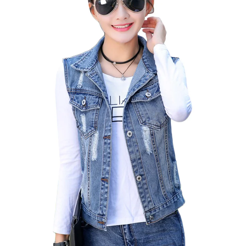 

Plus size 4XL 5XL Spring Summer Short Denim Vest Women 2021 Casual Slim Sleeveless Hole Jeans Jackets Coats Female Waistcoat Z95