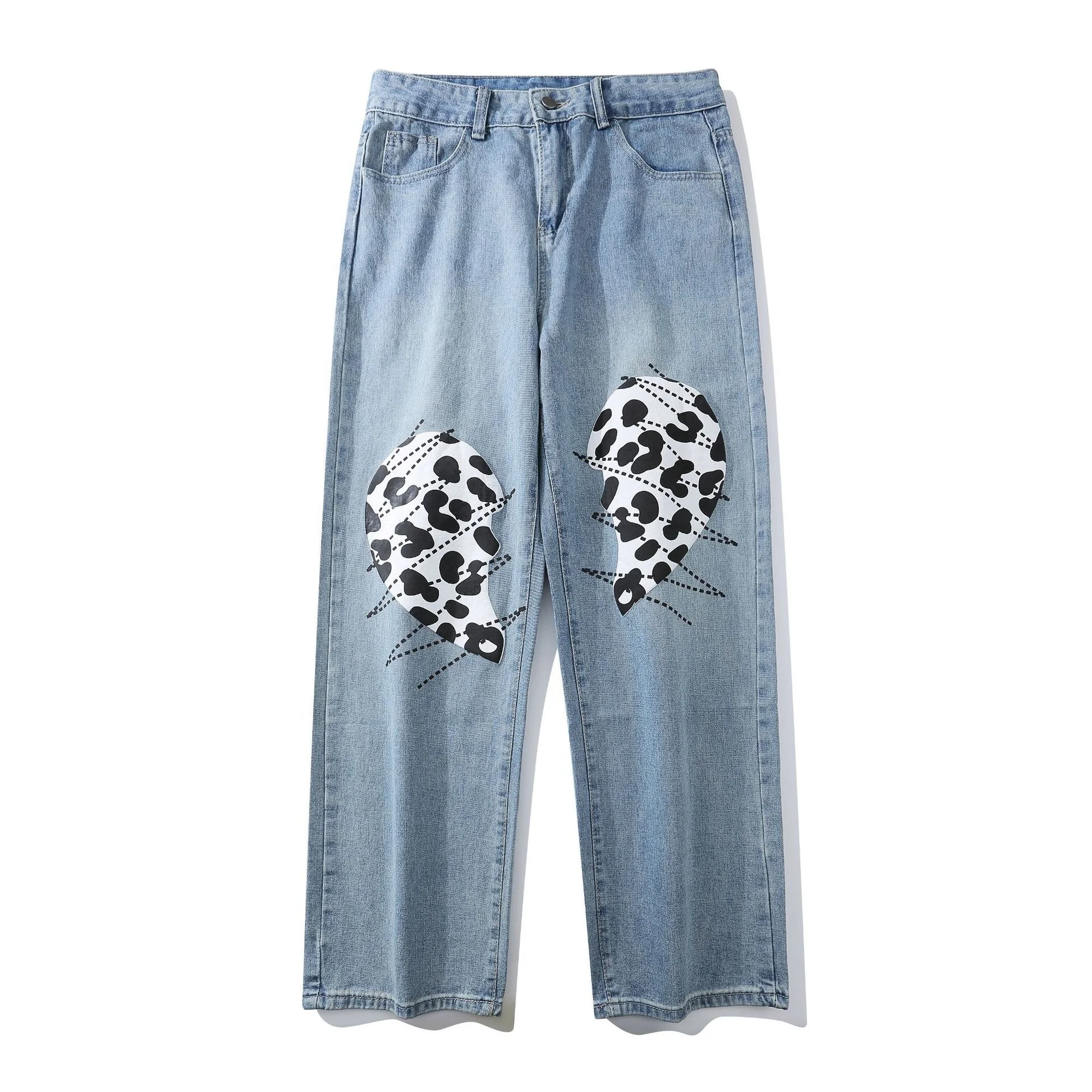 

Джинсы мужские с коровьим принтом, прямые штаны с вышивкой, брюки с широкими штанинами в стиле хип-хоп, уличная одежда, модные свободные штан...
