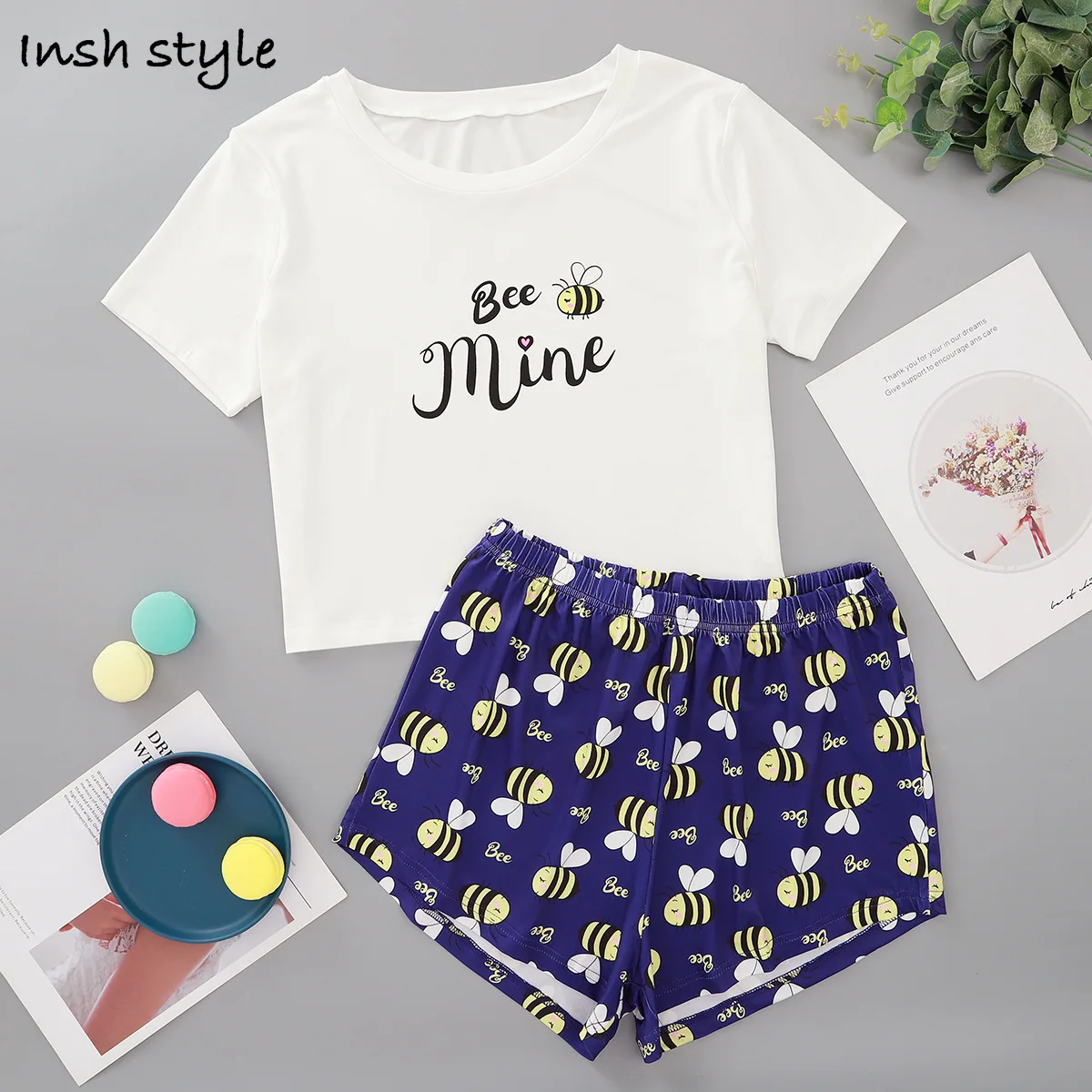 

2021 Summer Loose Casual Bee Short-sleeved Shorts Women's Short Sleeve Pajamas Sleepwear Round Neck Polyester Shorts