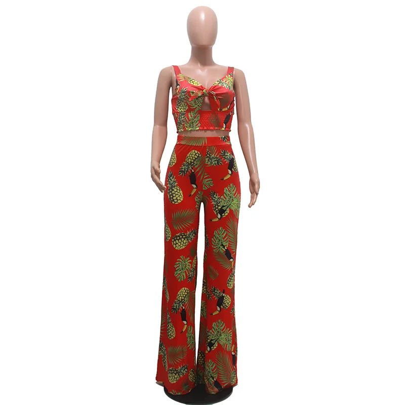 

Summer Wide Leg Outfits Print Women Two Piece Set Elegant Backless Tops & Pants Loose Suits Streetwear Bow Tie 2 Piece Pant Set